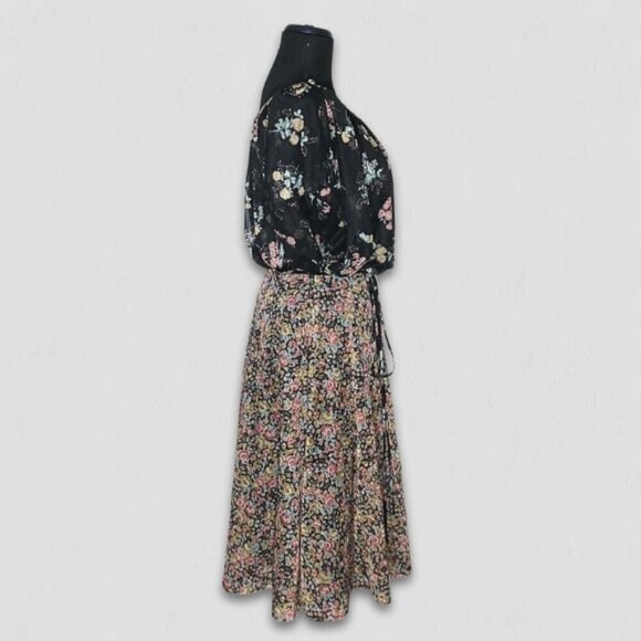Vintage 80s Floral Full Swing Dress Black Boho Medium - Picture 3 of 10